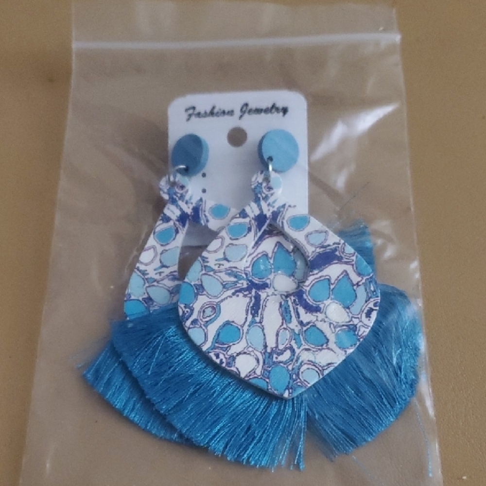 Blue Patterned Teardrop Fringe Earrings - Fashion Jewelry